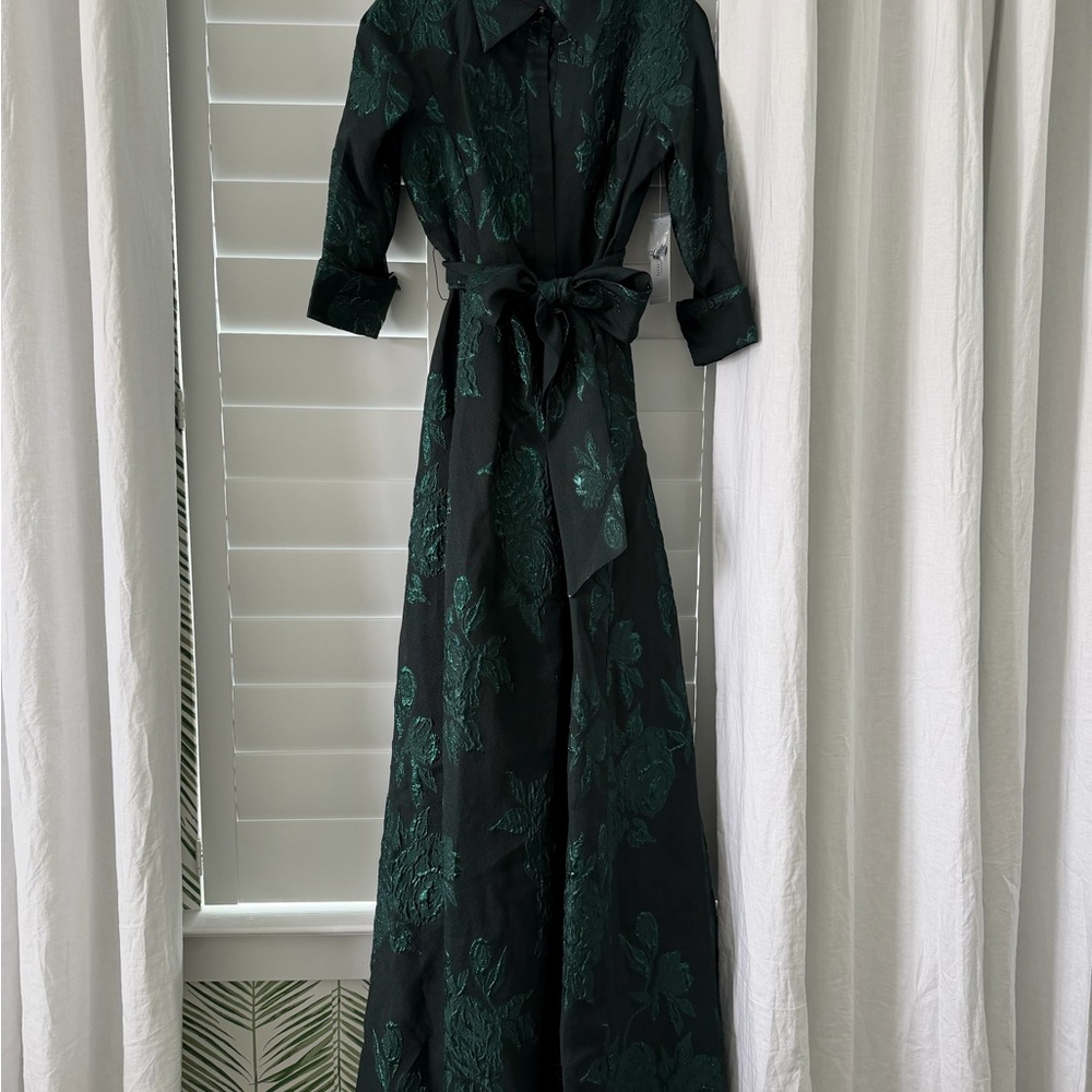 Teri Jon Metallica Jacquard Shirtdress Gown with Floral Print - Picture 3 of 10